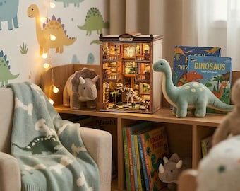 Dinosaur Museum Book Nook Kit, Miniature Wooden Puzzle with LED Light