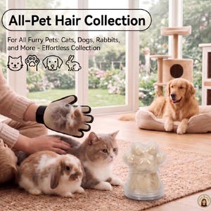 Puede incluir: Un guante de aseo para mascotas negro y beige con protuberancias de silicona, con el texto All-Pet Hair Collection For All Furry Pets: Cats, Dogs, Rabbits, and More - Effortless Collection, junto a un recipiente de plástico transparente.