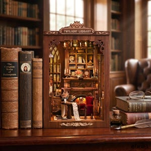 May include: A wooden Twilight Library book nook insert featuring a miniature interior with a fireplace, a red armchair, a table, and bookshelves. The structure has an arched top with the text Twilight Library and is surrounded by vintage books.