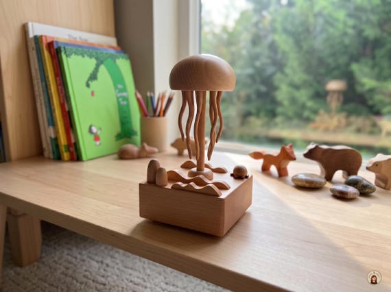 A handcrafted wooden automaton jellyfish that moves mechanically — part music box, part kinetic sculpture, pure "how does it do that" magic.