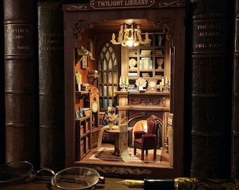 DIY Twilight Bibliothek Buch Nook Kit, Miniatur Puppenhaus Bücherregal Einsatz Dekor