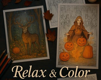 Enchanted Halloween Nights – 10 Fantasy Realism Coloring Pages | Printable Adult Coloring Book | Witches, Vampires & Mystical Scenes