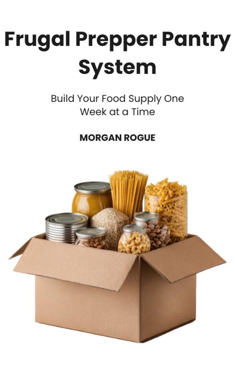 Może przedstawiać: Kartonowe pudełko wypełnione r&oacute;żnymi produktami spożywczymi, w tym konserwami, makaronem i zbożami. Obraz zatytułowany "Frugal Prepper Pantry System" zawiera tekst "Build Your Food Supply One Week at a Time" oraz nazwisko autora, Morgan Rogue.