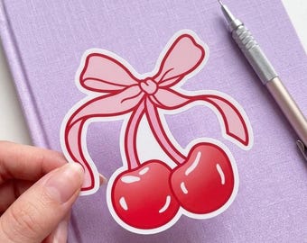Pegatina Coquette Cherries, calcomanía de lazo rosa, vinilo para portátil o botella de agua de estilo femenino