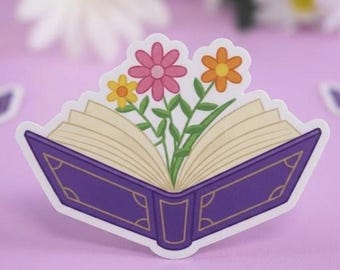 Pegatina de flores con libro abierto, calcomanía artística de lectura, regalo literario original
