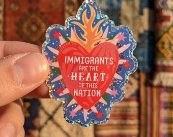Pegatina "Inmigrantes Corazón Nativo", calcomanía con purpurina, vinilo proinmigración, regalo para activistas