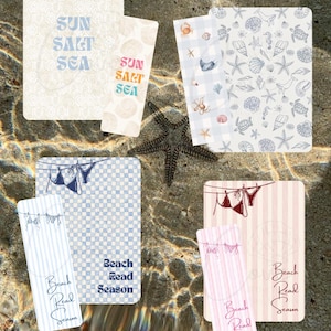 May include: A collection of rectangular bookmarks and cards featuring beach-themed illustrations. Designs include seashells, starfish, bikinis on a clothesline, and text reading SUN SALT SEA or Beach Read Season in various colors and patterns.