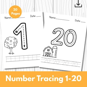Puede incluir: Dos páginas blancas con dibujos lineales negros para trazar números. Una página muestra el número 1 con un árbol, la otra el número 20 con una granja y un silo. El texto "Number Tracing 1-20" está en la parte inferior.