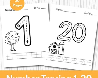 Puede incluir: Dos páginas blancas con dibujos lineales negros para trazar números. Una página muestra el número 1 con un árbol, la otra el número 20 con una granja y un silo. El texto "Number Tracing 1-20" está en la parte inferior.