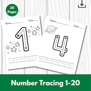 Puede incluir: Dos páginas blancas de trazado de números con los números 1 y 4, con líneas punteadas para trazar. El número 1 tiene ilustraciones de estrellas. El texto "Number Tracing 1-20" está en la parte inferior. Un círculo verde con "20 Pages" está en la parte superior izquierda.