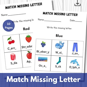 Puede incluir: Dos hojas de trabajo blancas con el título "Match Missing Letter" y ejercicios para completar. Una hoja de trabajo está etiquetada como "Rojo" y la otra como "Azul", con imágenes de cereza, fresa, lata de refresco, manzana, arándano, ballena, vaqueros, escena oceánica, calcetín y delfín.