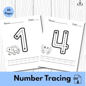 May include: Two white pages with number tracing exercises. One page shows a number 1 with a turtle illustration, and the other shows a number 4 with a crab illustration. The words "Number Tracing" are at the bottom.