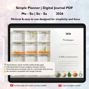 Könnte beinhalten: Ein digitaler Planer für 2026, der auf einem Tablet angezeigt wird. Er zeigt Monatskalender mit Platz für Notizen und Schlüsselwörter. Der Text enthält "Simple Planner", "Digital Journal PDF" und Details zu seinen Funktionen.
