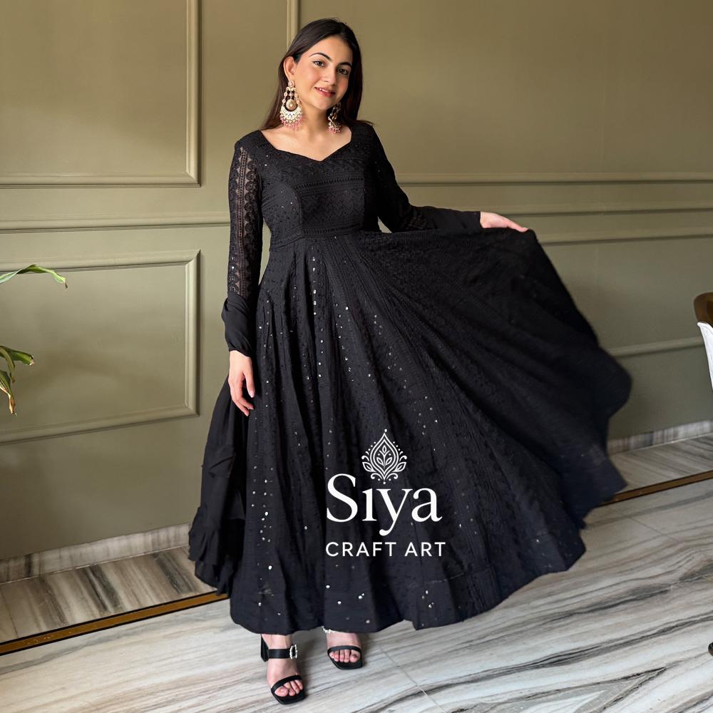 green emerald velvet dress Black Embroidered Georgette Gown