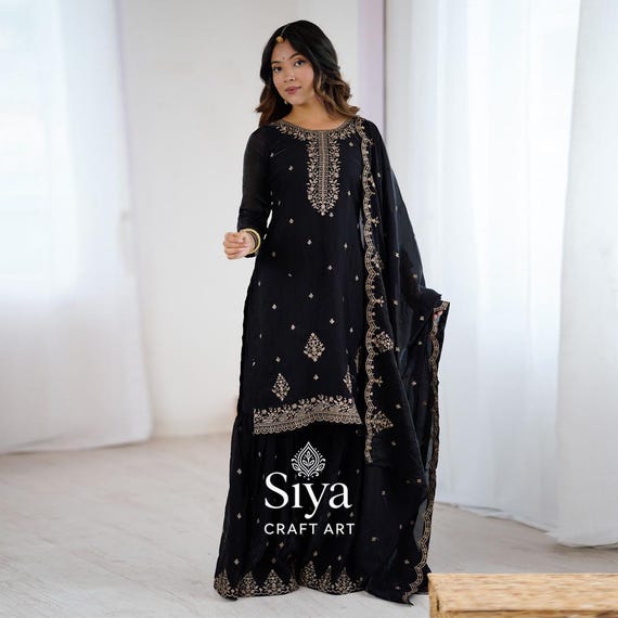 Black Crunchy Silk Kurta Palazzo Set with Zari & Sequins Embroidery | Festive Party Wear Indian Suit