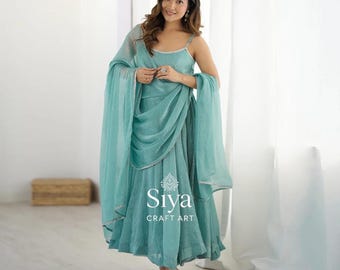 Aqua Blue Anarkali Suit Set with Dupatta, Swarovski Work Crunchy Silk Indian Party Wear Dress for Wedding