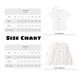 May include: A white t-shirt and sweatshirt size chart with measurements in inches. The chart includes sizes XS to 4XL, with width, length, and sleeve length measurements. The text "SIZE CHART" is displayed in bold, black letters.