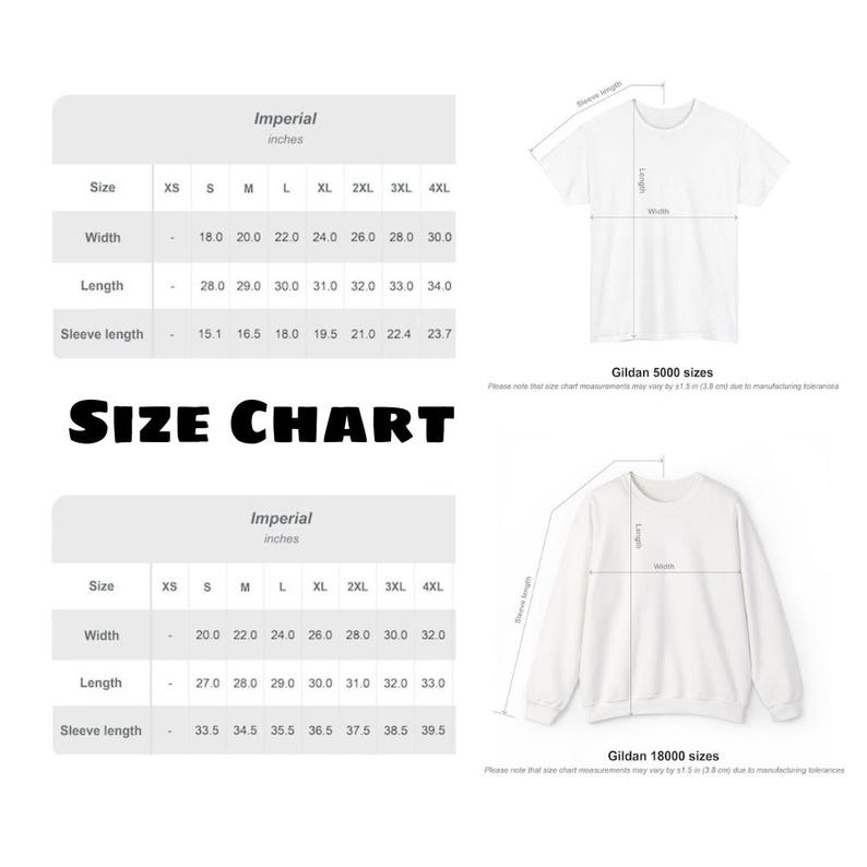 May include: A white t-shirt and sweatshirt size chart with measurements in inches. The chart includes sizes XS to 4XL, with width, length, and sleeve length measurements. The text "SIZE CHART" is displayed in bold, black letters.