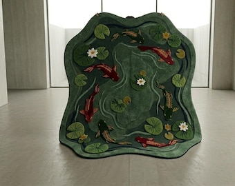 Alfombra 3D con diseño de estanque de peces koi – Alfombra de lana tejida a mano para jardín zen