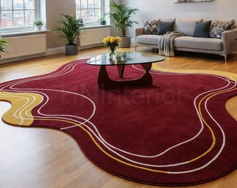 Alfombra abstracta irregular color mostaza burdeos, alfombra de pelo corto con líneas onduladas para sala de estar.