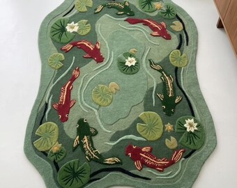 Alfombra artesanal con diseño de estanque de peces koi, alfombra japonesa de nenúfares, decoración inspirada en la naturaleza.