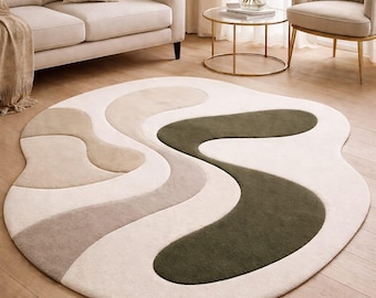 Alfombra abstracta ovalada / Alfombra ondulada moderna en beige, crema y verde oliva