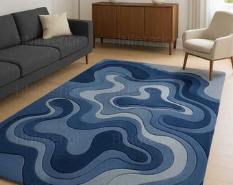 Blue Abstract Wave Rug | 3D Modern Ocean Area Carpet