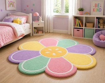 Alfombra de flores tejida a mano – Margarita pastel, alfombra tallada en 3D para habitación infantil