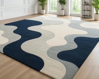 Alfombra ondulada azul marino / Alfombra moderna de mediados de siglo