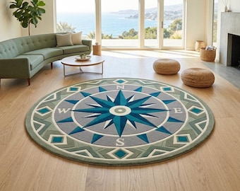 Alfombra redonda con rosa de los vientos tejida a mano – Arte de suelo con motivos marítimos tallado en 3D