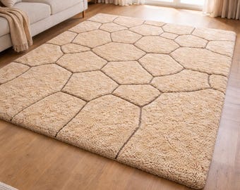 Alfombra de lana neozelandesa tejida a mano: alfombra de pelo largo con nido de abeja beige