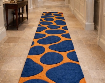 Alfombra de lana tejida a mano – Manchas azules abstractas, alfombra de galería naranja