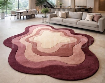 Abstract Wavy Area Rug, Burgundy Blush Gradient, Irregular Shape