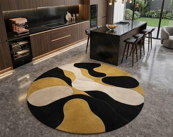 Alfombra redonda abstracta, alfombra tejida a mano, negro, dorado y crema, decoración moderna nórdica para el hogar.