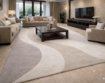 Alfombra de lana con diseño de olas de arenisca tejida a mano para sala de estar – Alfombra de lana tallada en 3D, color beige y gris neutros.