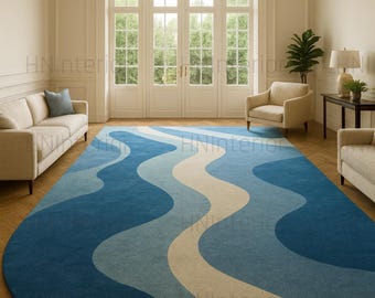 Alfombra abstracta de ondas azules / Decoración costera moderna