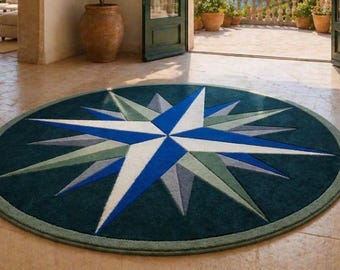 Alfombra redonda de mezcla de lana tejida a mano, diseño abstracto de olas costeras, azul marino, aguamarina, verde azulado y marfil.