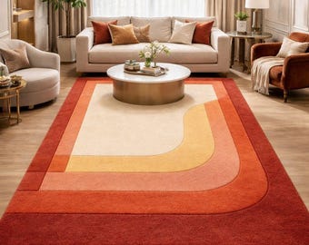 Retro Sunset Wave Rug – Mid-Century Modern Terracotta Carpet