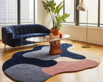 Tappeto irregolare astratto / Tappeto di design blu navy, rosa cipria, beige