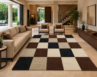Hand Tufted Wool Blend Checkered Area Rug, Brown Cream Charcoal Geometric Carpet