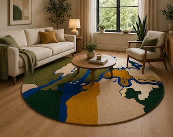 Tappeto rotondo con mappa astratta, tappeto trapuntato, tappeto a blocchi di colore, decorazione artistica per pavimenti.