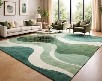 Alfombra ondulada verde moderna, alfombra abstracta de mediados de siglo
