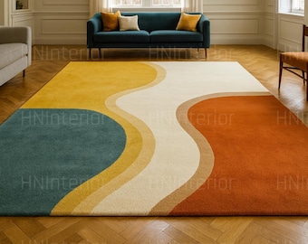 Alfombra abstracta ondulada / Retro verde azulado, mostaza, naranja, estilo moderno de mediados de siglo