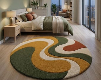Alfombra redonda abstracta de lana tejida a mano, estilo bohemio de mediados de siglo para sala de estar.