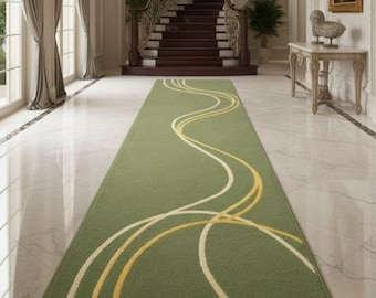 Alfombra moderna de pasillo con líneas onduladas en verde salvia, alfombra minimalista para recibidor, alfombra de lujo para entrada.