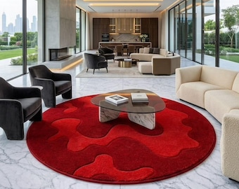 Alfombra redonda abstracta roja de lana, alfombra moderna con mechones que marca la diferencia, decoración para la sala de estar.