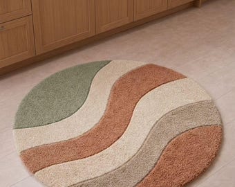 Tappeto rotondo ondulato trapuntato a mano – Verde salvia terracotta, tappeto in stile boho