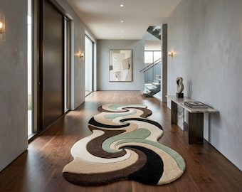 Alfombra de pasillo abstracta hecha a mano, alfombra orgánica con mechones, alfombra moderna para pasillo que marca la diferencia.