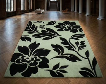 Handmade Floral Wool Rug, Sage Green Black Area Rug, Modern Botanical Rug, Custom Size Carpet, Living Room Bedroom Rug, Gift