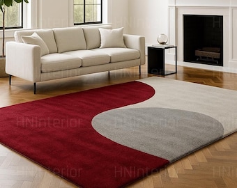 Modern Abstract Wave Rug, Red Beige Plush Living Room Carpet, Contemporary Floor Runner